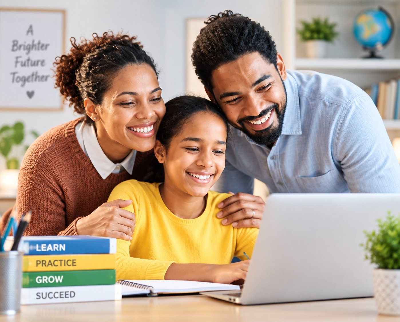 Parents and student smiling together at a laptop