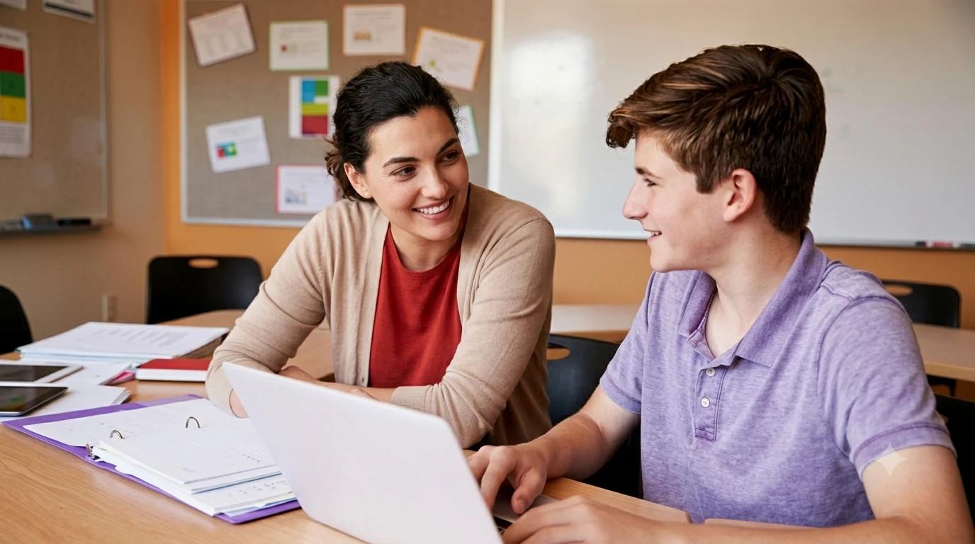 Tutor guiding a student on a laptop