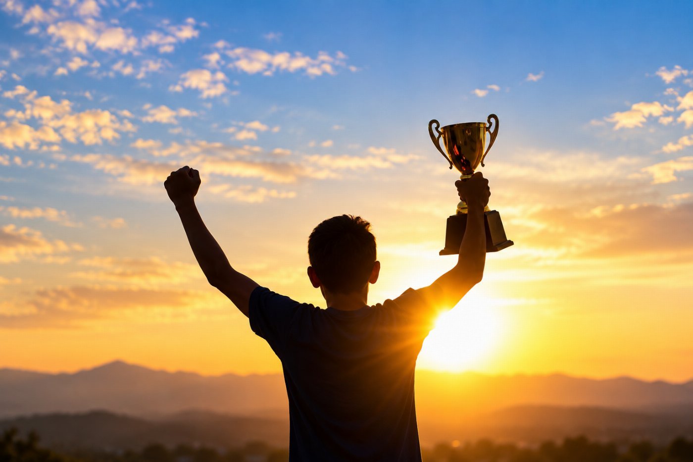 Silhouette of a winner holding a golden trophy at sunrise